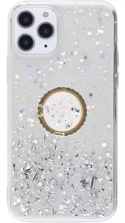 Coque iPhone 11 Pro Max - Gel paillettes argentées avec anneau - Transparent